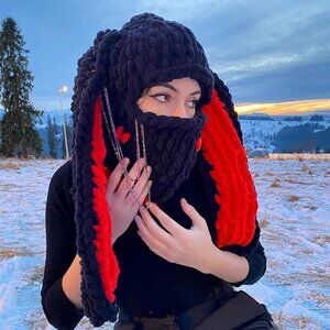 Women's Black Red Bunny Hat Knit Plush Long Ears Fluffy Cosplay Party Hat